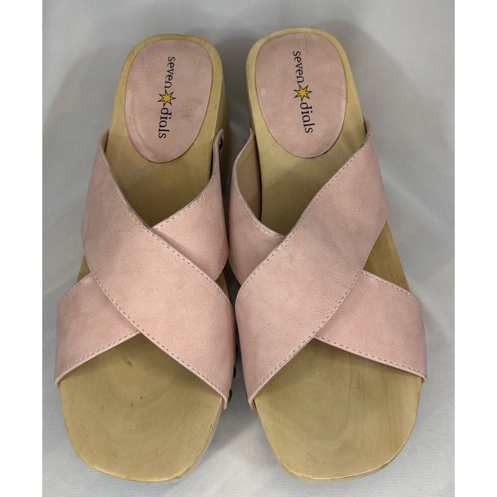 SEVEN DIALS Malta Slide Sandals Sz 7.5 Chunky‎ 3" Heel Platform Pink Wood Cruise